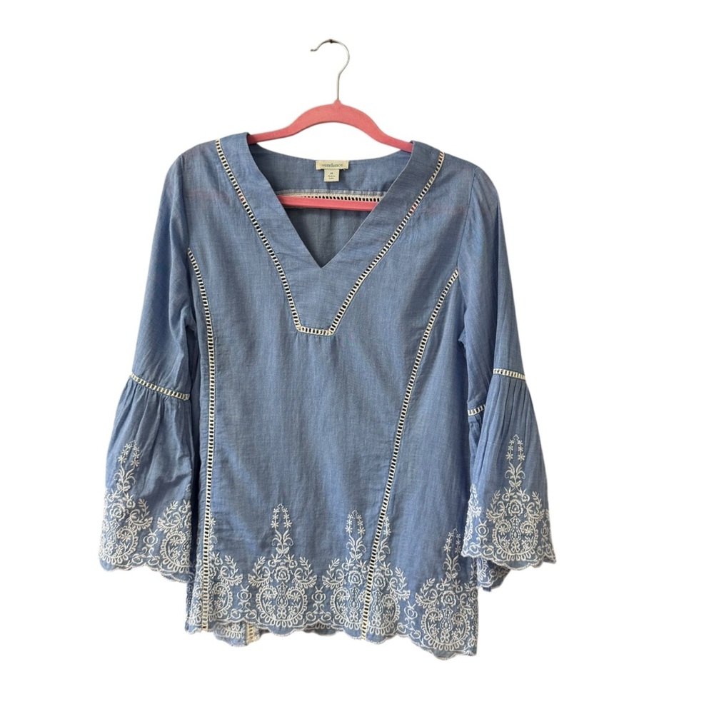 Sundance Blue Embroidered Eyelet Bell Sleeve Boho Tunic Top M